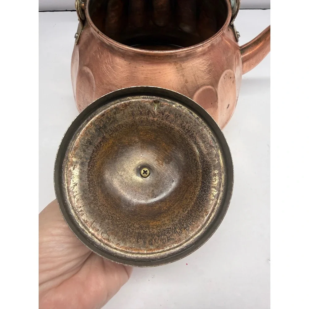 Vintage Copper Tea Kettle Brass Handle Fluted Thumbprint Design Rustic Decor